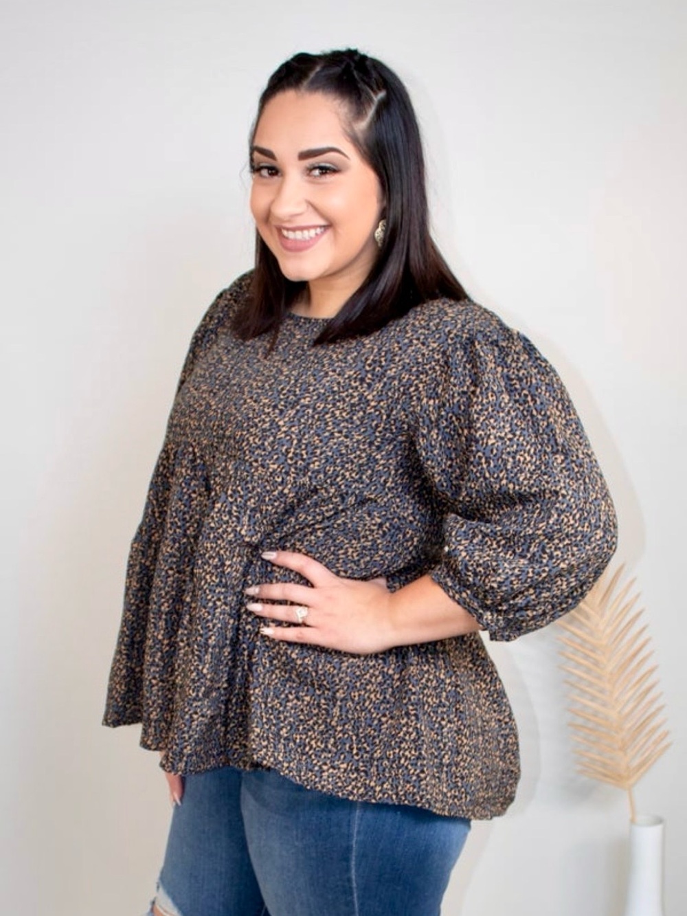 Plus Size Black and Tan Speckled Peplum Tuni